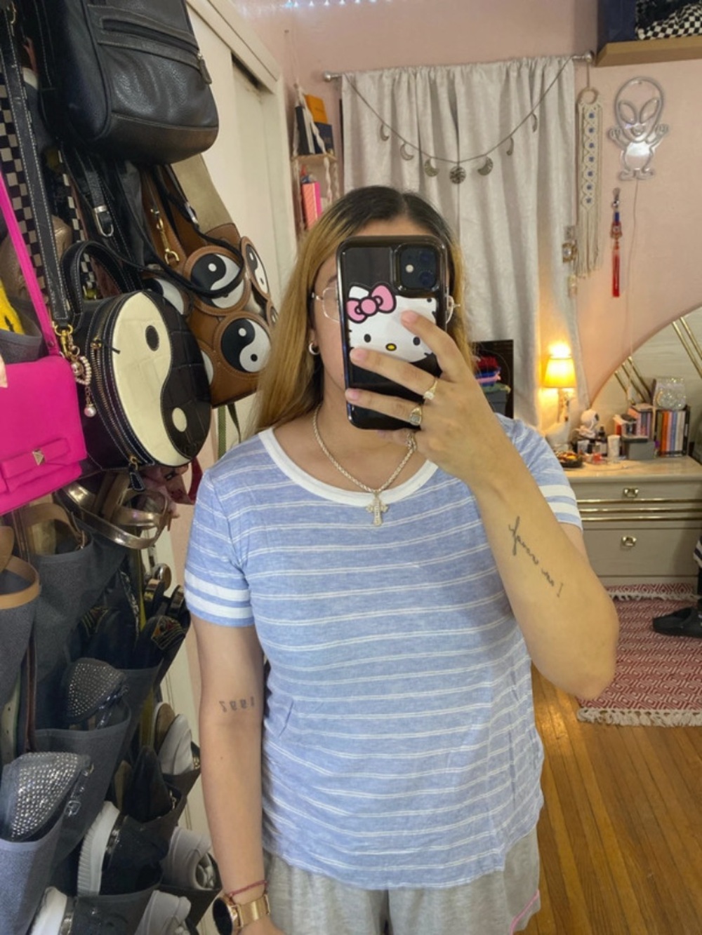 Light Blue Striped Women's Crewneck Tee